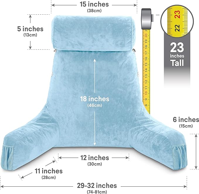 Husband Pillow Medium Sky Blue, Backrest for Kids, Teens, Petite Adults - Reading Pillows with Arms, Adjustable Loft, Plush Memory Foam, Bed Rest Chair Sitting Up, Detach Neck Roll, Removable Cover