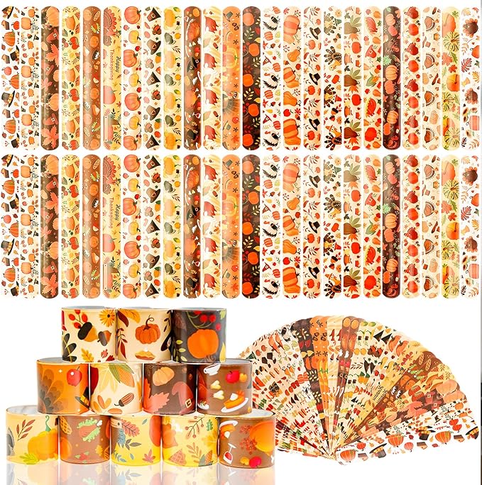 48Pcs Thanksgiving Slap Bracelets Thanksgiving Party Favors for Kids Thanksgiving Gifts for Kids Autumn Maple Leaf Turkey Pumpkin Slap Bracelets for Fall Party Favors Decorations Classroom Prizes