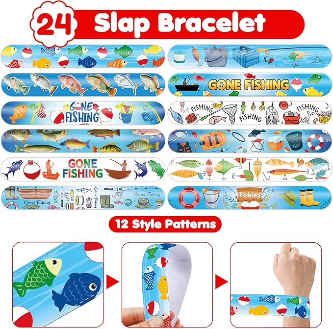 48PCS Gone Fishing Party Favors - 24PCS Tattoos & 24PCS Slap Bracelets - Fishing-Themed Birthday Supplies, Decorations, Classroom Prizes, Carnival Rewards, Gifts for Boys & Girls