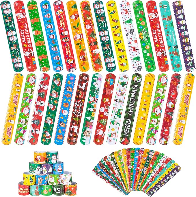 Christmas Slap Bracelet for Kids - 48 Pieces, 24 Colorful Styles - Bulk Christmas Slap Wristbands for Kids Party Favors, Toys Prizes & Goodie Bags Fillers