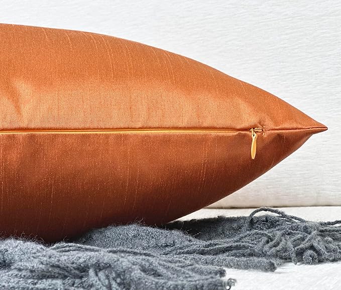Aiking Home 18x18 Inches Faux Silk Square Throw Pillow Cover, Zipper Closure, Orange (Set of 2)