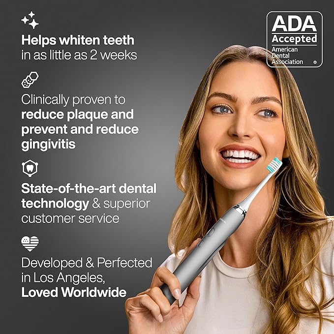 Aquasonic Vibe Series Ultra-Whitening Toothbrush – ADA Accepted Electric Toothbrush - 8 Brush Heads & Travel Case – 40,000 VPM Motor & Wireless Charging - 4 Modes w Smart Timer – Charcoal Metallic