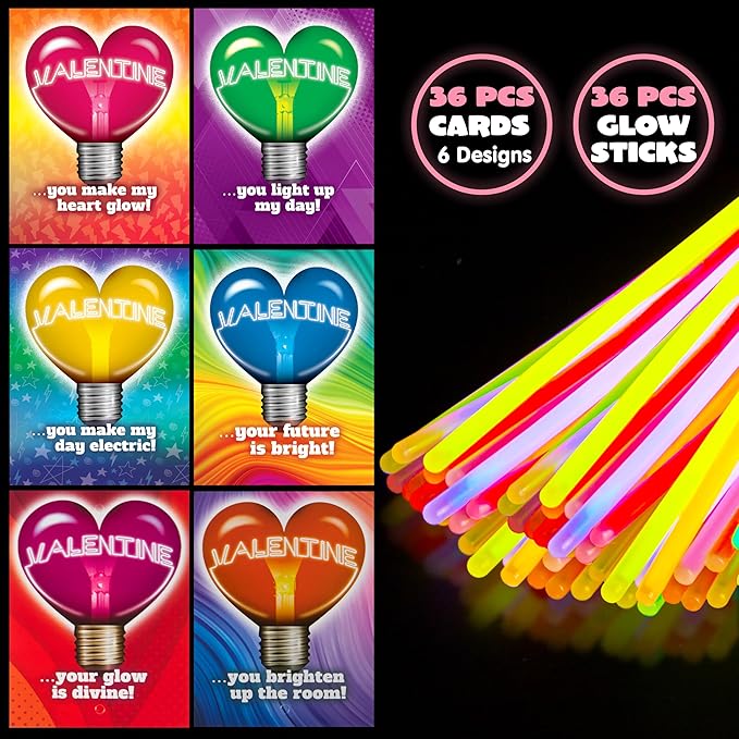JOYIN 36 Packs Neon Valentines Day Gift Cards with Glow Stick Bracelets, Glow in the dark Necklaces for Valentine's Party Favor, Valentine Classroom Exchange Cards, Valentine School Prize