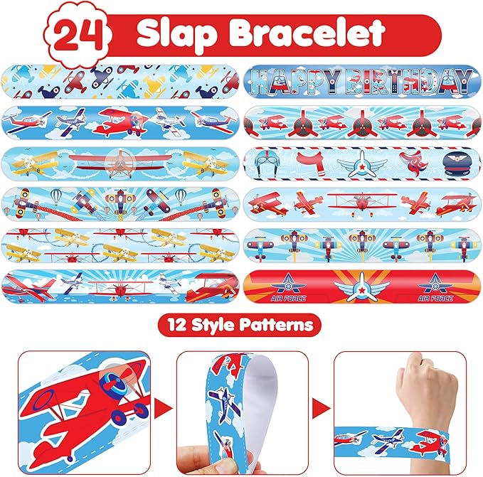 48PCS Airplane Party Favors - 24PCS Temporary Tattoos & 24PCS Airplane Slap Bracelets - Themed Birthday Party Supplies for Boys & Girls - Perfect Decorations, Gifts, School Prizes, Carnival Rewards