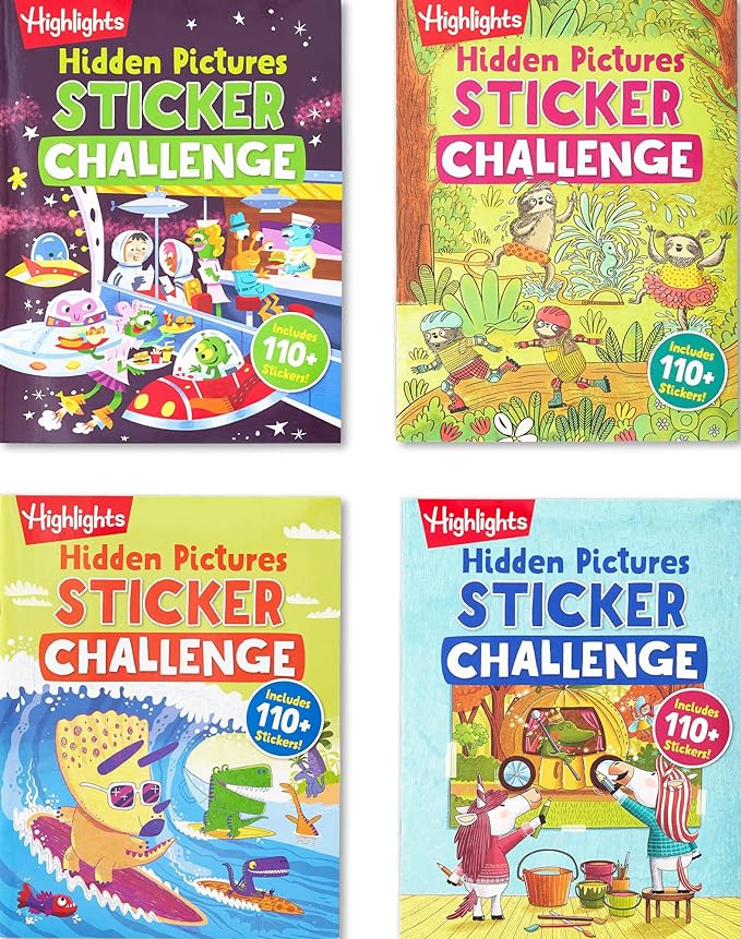 Highlights Hidden Pictures Sticker Challenge Books for Kids Ages 6 and Up, 4-Pack, 64 Pages of Seek and Find Activities, Double as Coloring Books, 440+ Stickers