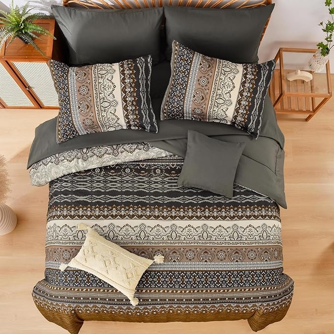 Cottolester Boho Comforter Set California King Size 8 Pieces,Brown Black Bohemian Comforter Paisley Striped Bed in A Bag,Soft Microfiber Bedding Set for All Season