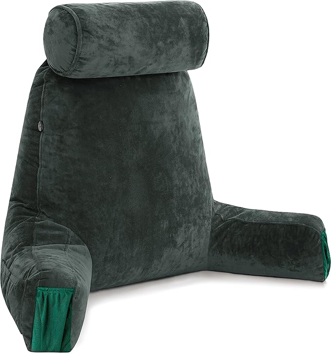 Husband Pillow Medium Dark Green, Backrest Kids, Teens, Petite Adults - Reading Pillows with Arms, Adjustable Loft, Plush Memory Foam, Bed Rest Chair Sitting Up, Detach Neck Roll, Removable Cover