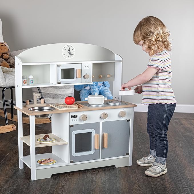Hey! Play! Kids Kitchen Playset - Play Kitchen with Toy Microwave, Sink, Stovetop, Roaster, Utensils and Play Food - Wooden Play Kitchen for Toddlers