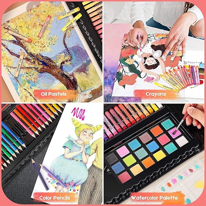 Art Supplies,297 Pack Art Set Drawing Kit for Girls Boys Artist, Deluxe Gift Art Box with Trifold Easel,Includes Oil Pastels, Colored Pencils, Coloring Book, Scissors, Apron,Origami Paper 40 Sheets