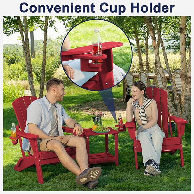 Plawdlik Folding Adirondack Chair, SGS Tested, Wooden Textured with Cup Holder, Heavy All-Weather HDPE Outdoor Chairs for Patio Backyard Lawn,Red