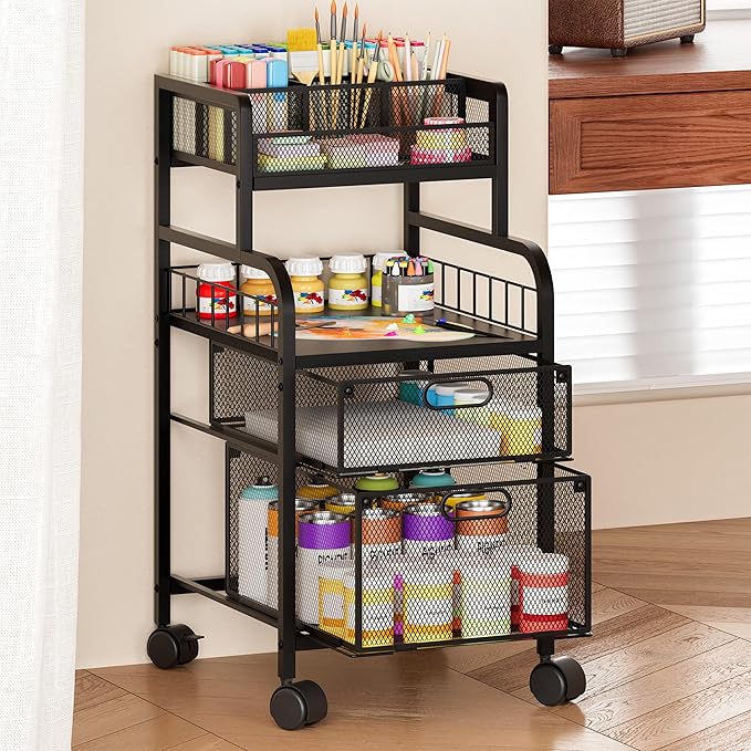 SWTYMIKI Rolling Cart with Drawers - Metal Utility Cart with Wood Shelf, DIY Divider and Locking Wheels, Craft & Art Cart Organizer for Under Desk Storage for Home Office Studio, Black