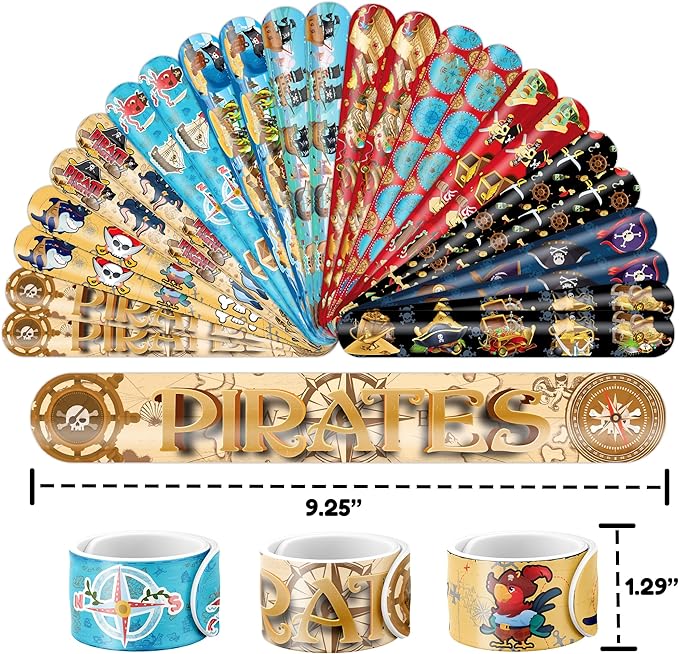 48PCS Pirate Party Favors - 24PCS Tattoos & 24PCS Slap Bracelets - Pirate-Themed Birthday Supplies, Treasure Hunt Decorations, Classroom Prizes, Gifts for Boys & Girls