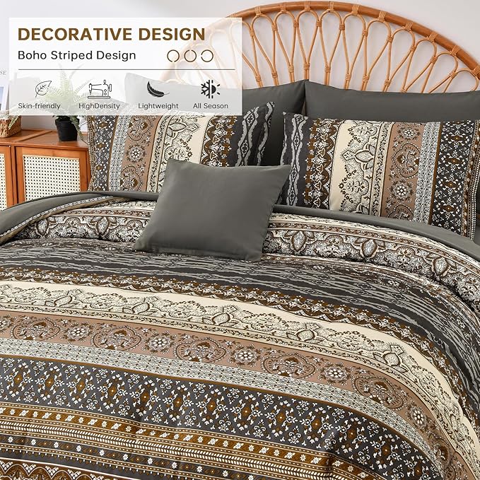 Cottolester Boho King Comforter Set 8 Pieces,Brown Black Bohemian Comforter Paisley Striped Bed in A Bag,Soft Microfiber Bedding Set for All Season