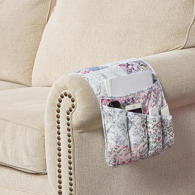 Brilliant Sunshine Rose Toile Couch Sofa Armrest 5 Pockets Organizer, Slip Resistant Recliner Armchair Caddy, Washable Remote Controls Holder, Storage for Magazine, Tablet, iPad, 35×13", Blue Pink