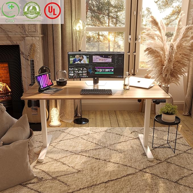 Monomi Electric Standing Desk 55 inch, Height Adjustable Sit Stand Desk for Home Office, Computer PC Gaming Desk, Study Writing Workstation with Memory Preset, Natural （Two Pieces of Desktop）