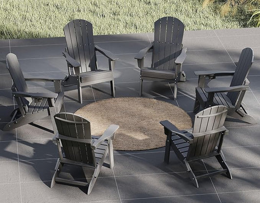 Plawdlik Folding Adirondack Chair Set of 6 with Cup Holder，Wooden Textured ，Heavy All-Weather HDPE Comfortable Set Poolside Backyard Lawn, Gray