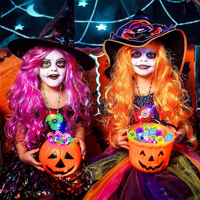 66Pcs Halloween Party Favors for Kids, Light Up Rings Spin Necklaces Halloween Goodie Bag Fillers Treats Prizes Glow in The Dark Halloween Toys Bulk Carnival Classroom Favors Trick or Treat Toys
