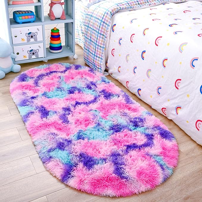 Noahas Oval Fluffy Hot Pink Rainbow Rug 2.6X5.3 Small Kids Rugs for Bedroom Girls Aesthetic,Bedside Bedroom Rug,Ultra Soft Runner Carpet Modern Shaggy Nursery Area Rugs Home Decor