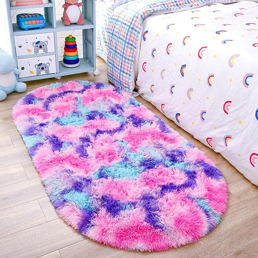Noahas Oval Fluffy Hot Pink Rainbow Rug 2.6X5.3 Small Kids Rugs for Bedroom Girls Aesthetic,Bedside Bedroom Rug,Ultra Soft Runner Carpet Modern Shaggy Nursery Area Rugs Home Decor