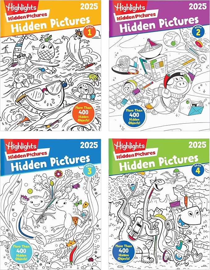 Highlights Hidden Pictures 2025 Activity Books for Kids Ages 6 and Up, 4-Book Set of Travel-Friendly Screen Free Seek and Find Fun, Books Double as Coloring Books