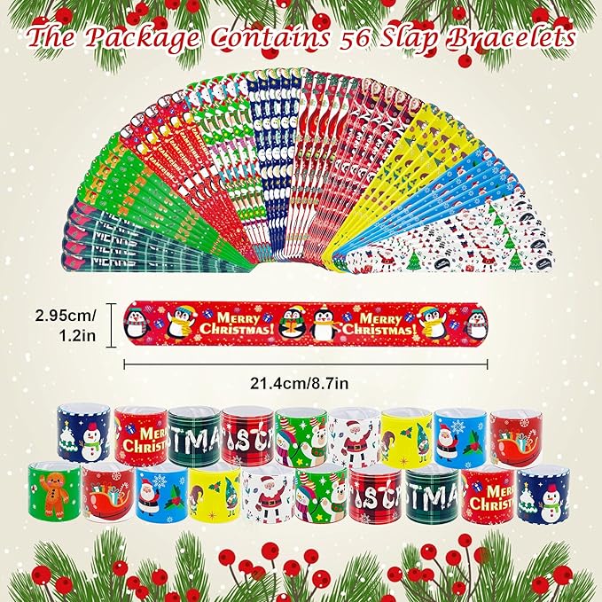 JUNEBRUSHS 56 Pack Christmas Slap Bracelets Xmas Slap Bands Wristband Christmas Party Favors Snap Bracelets Bulk for Christmas Gifts Toys Stocking Stuffers