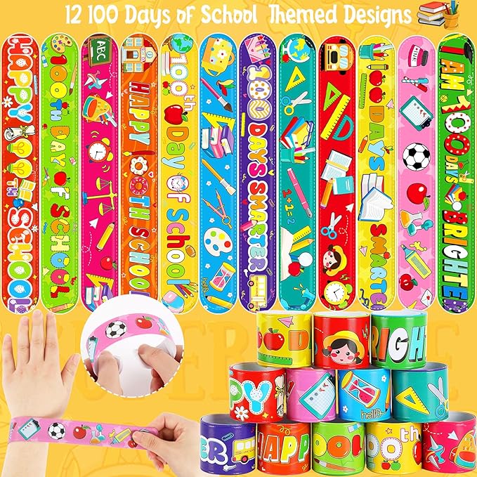 JUNEBRUSHS 100 Days of School Slap Bracelets, 56 Pcs Slap Bracelets for Kids 100th Day of School Party Favors Decorations Snap Bracelets Wristbands for Kindergarten Classroom Student Rewards