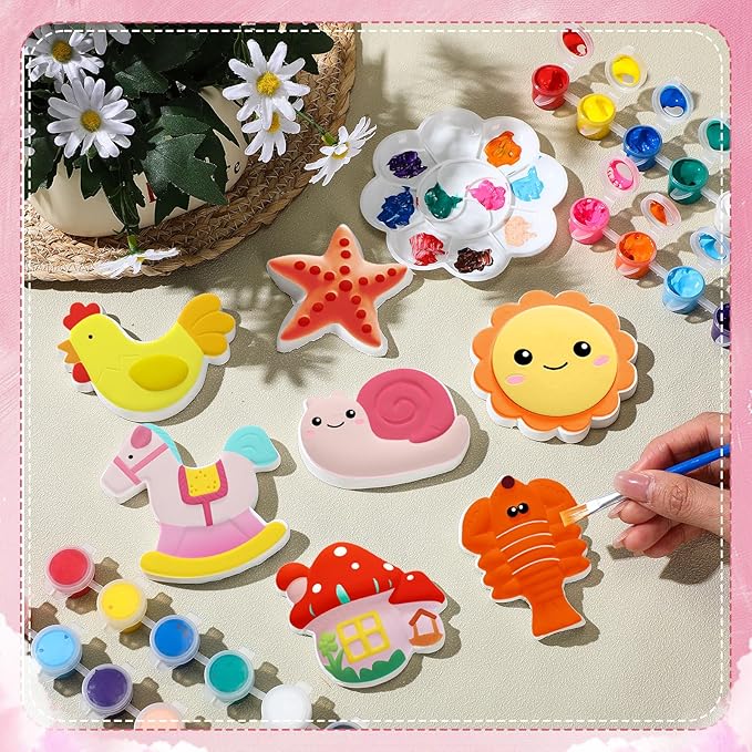 HyDren 81 Pcs Kids Arts and Crafts Set Painting Kit Plaster Painting Craft Kit Paint Your Own Ceramic Figurines DIY Nature Animals Paintable Ceramics Plaster Drawing Kits for Kids Girls Boys Toddlers