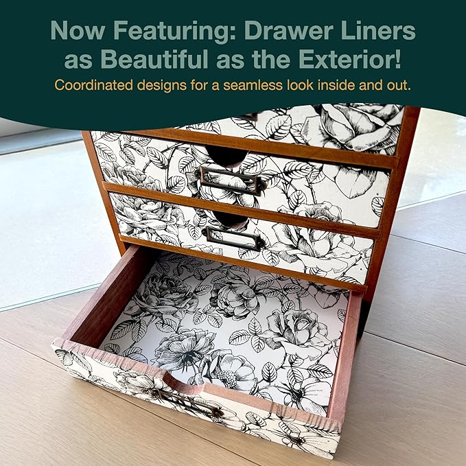 Vintage Desk Organizer with 4 Black & White Floral Drawers - Wooden Storage Shelf Drawer for Tabletop - Wood Desktop Organizing Box Cabinet - Black & White Monochrome Botanical Toile de Jouy