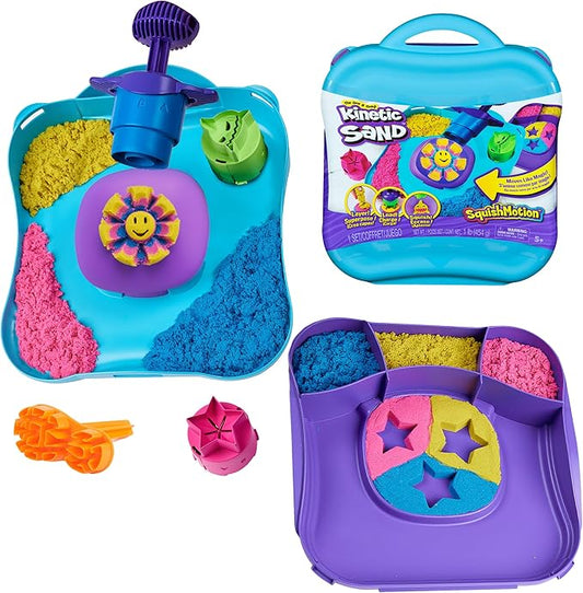 Kinetic Sand, SquishMotion with 1lb Pink, Yellow & Blue Play Sand, Stamper & 5 Tools, Storage Case, Sensory Toys for Kids Ages 5 and up