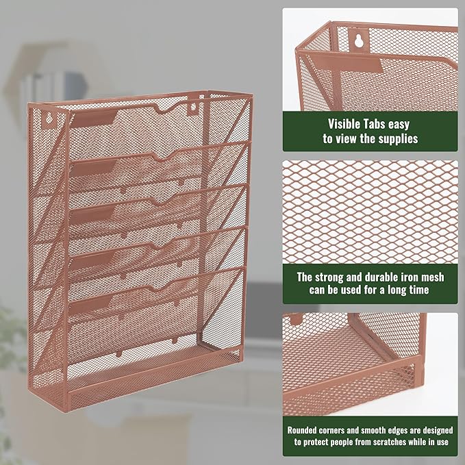 EASEPRES 6 Tier Mesh Hanging Wall File Organizer, Desk Vertical Mail Paper Document Folder Holder Rack with Bottom Tray and Nametag Label for Office Home School, Brown