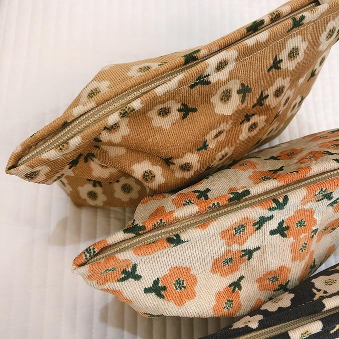 HAPPYHEIDI Women Floral Corduroy Canvas Makeup Bag Travel Cosmetic Pouch Purse Organizer, Cute Beige