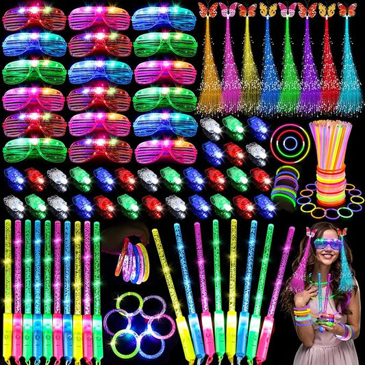 180PCS Glow in the Dark Party Supplies, 18PCS Light Up Wand, 18PCS LED Glasses, 30PCS Finger Lights and 100PCS Glow Sticks Necklaces Bracelets, Light Up Party Favors for Kids Adults, Wedding, Birthday