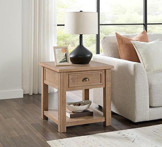 Monterey Farmhouse Rustic End Table, Solid Pine Wood Coastal Side Table with Drawer and Shelf. Driftwood.