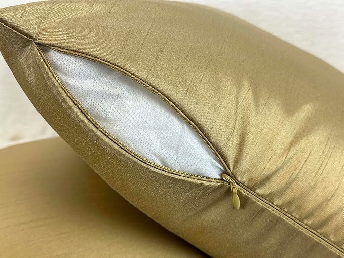 Aiking Home Collection 18x18 Inches Faux Silk Square Throw Pillow Cover, Zipper Closure, Brass (Set of 2)