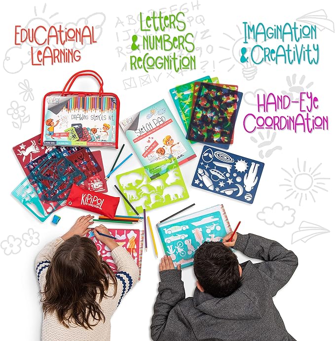 Kipipol 63 Pcs Drawing Stencils for Kids Ages 4-8 - 8-12 and Up - Arts and Crafts for Girls and Boys - Kids Drawing kit - Art Set- 15 Art Stencils, 260+ Designs -Scratch Art- Creativity Gifts & Toys