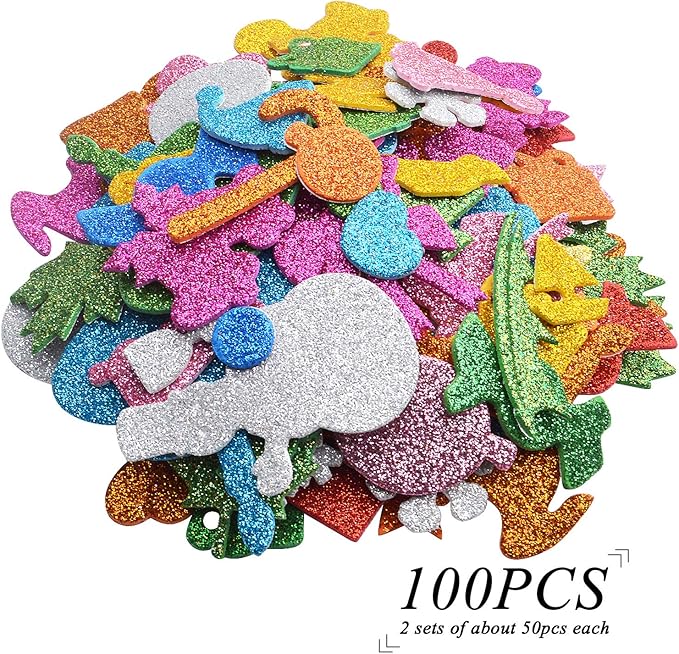 Foam Christmas Stickers,100pcs Glitter Self-Adhesive EVA Stickers Xmas Snowman Snowflake Cake Tree Gift Sugar Foam Stickers for Classroom Decorations Crafts DIY Scrapbooking Card