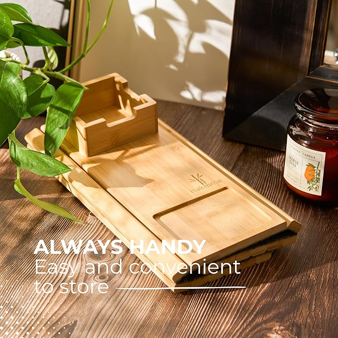 Bamboo Couch Cup Holder – Eco-Friendly Sofa Armrest Tray Table with Cup Holder for Coffee, Snacks & Phone – Foldable Bamboo Couch Arm Table, Anti-Slip Armrest Tray for Couch