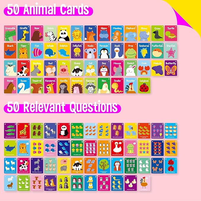 Animal Flashcards, 50 Double-Sided Cards, Wild/Farm/Marine Animal Cards Educational Learning Tools for Preschool and Toddlers Learning (2 Reclosable Rings Attached)