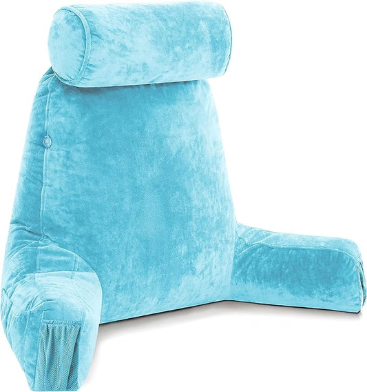 Husband Pillow Medium Carolina Blue, Backrest for Kids, Teens, Petite Adults - Reading Pillows with Arms, Adjustable Plush Memory Foam, Bed Rest Chair Sitting Up, Detach Neck Roll, Removable Cover