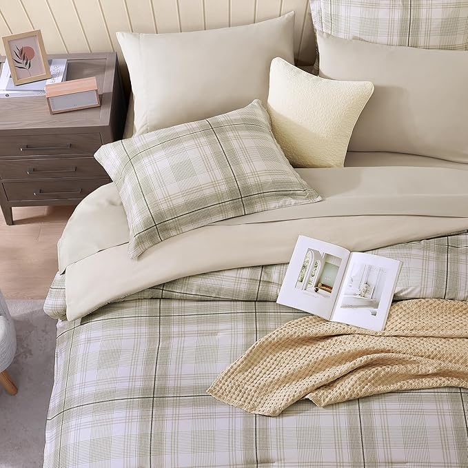 MaiRêve Plaid Full Comforter Sets, Khaki Green Grid Farmhouse Bedding Set Bed in A Bag, Classic Checkered Comforter Sets with Fitted & Flat Sheet, Pillowcases & Shams 80"x90"