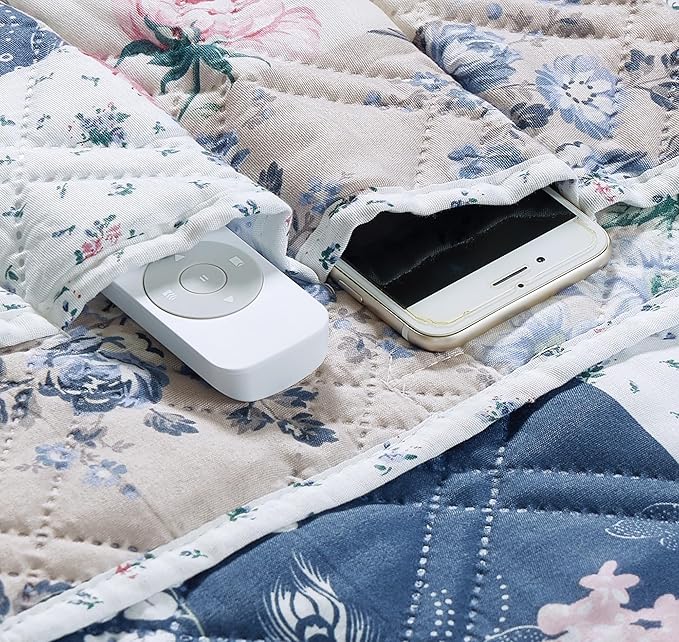 Brilliant Sunshine Roses in Beige Couch Sofa Armrest 5 Pockets Organizer, Slip Resistant Recliner Armchair Caddy, Washable Remote Controls Holder, Storage for Magazine, Phone, 35×13", Vintage Indigo