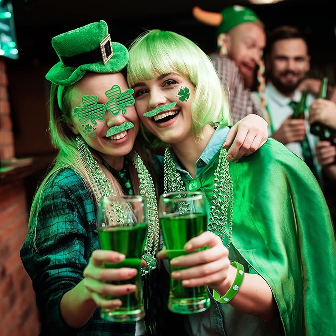 JOYIN 144 PCS St. Patrick's Day Dressing-up Accessories Set Party Favor with 12 Green Shamrock Eyeglasses 12 Beaded Necklace 72 Temporary Tattoos 24 Mustache 24 bracelets