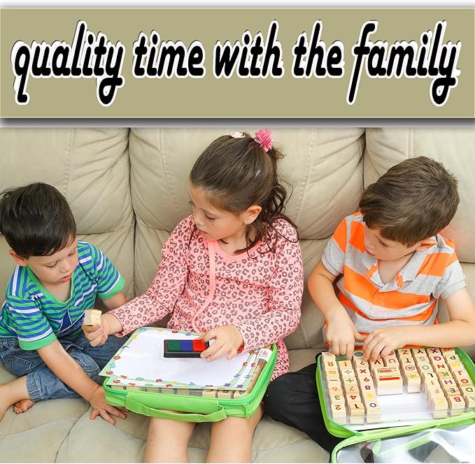 Large Wooden Stamp Premium Set for Kids. 72 Pcs Alphabet Stamps. Letters, Numbers, 3-Color Washable Ink Pad, 3 Refill Bottles, Activity Book. Ideal Creativity Kit for Back to School