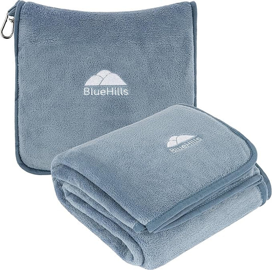 BlueHills Premium Soft Long Travel Blanket Pillow for Tall Airplane Flight Essentials Large Compact 2 in 1 Airline Throw Packable Warm Plane Traveling Comfort Accessories Grayish Blue T056