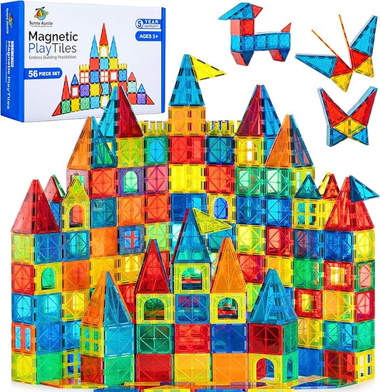 Magnetic Tiles 56 PCS, Magnetic Tiles for Kids & Toddlers Ages 3-8, Magnetic Toy for 3 4 5 6 7 8 Year Old Boys Girls Kids & Toddlers Magnetic Blocks Building Set STEM Toy, Great Gift for Kids aged 3-8