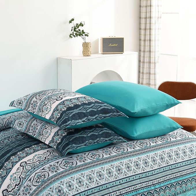 Cottolester Boho King Size Comforter Set 8 Pieces, Teal Comforter Bohemian Striped Bed in A Bag, Soft Microfiber Bedding Set for All Seasons