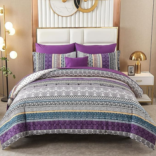 Cottolester Boho Comforter Set Queen Size,8 Piece Bed in a Bag Bohemian Striped Bedding Quilt Set,Purple Paisley Floral Comforter and Sheet Set,Soft Microfiber Complete Bedding Sets for All Season