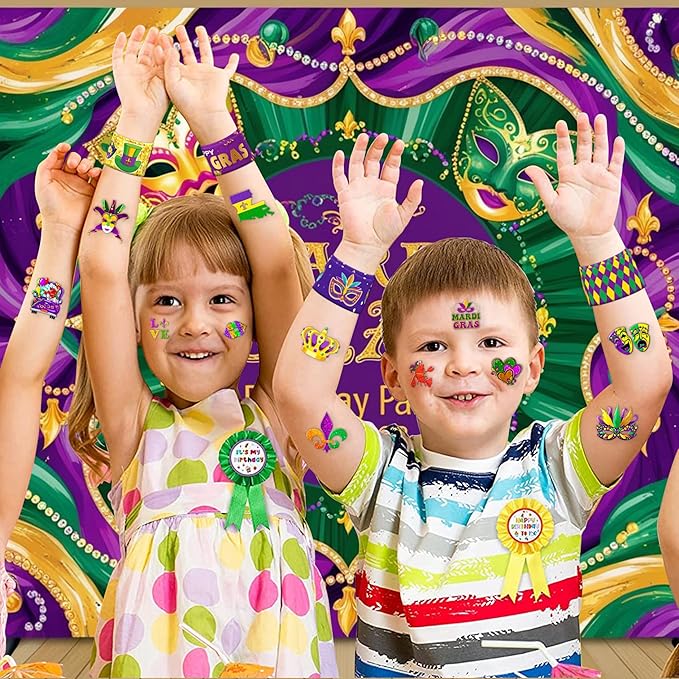 48 Mardi Gras 24PCS Mardi Gras Temporary Tattoos Sticker 24PCS Slap Bracelets Perfect for Themed Birthday Party Favors Baby Showers or Classroom Rewards Ideal Decor and Gifts for Girls and Boys