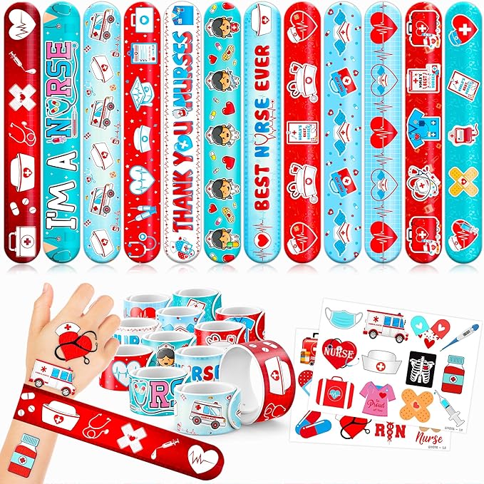 48 PCS Nurse Party Favors 24PCS Tattoos Sticker 24PCS Slap Bracelets Wristbands Perfect for Themed Birthday Party Favors Baby Showers or Classroom Rewards Ideal Decor and Gifts for Girls and Boys