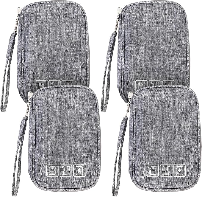 4Pcs Electronic Organizer Travel Case,Waterproof Cord Organizer Travel Cable Organizer Bag Portable Small Travel Tech Storage Pouch for Cord Charger Phone Earphone SD Card Cables Power Bank Card,Grey